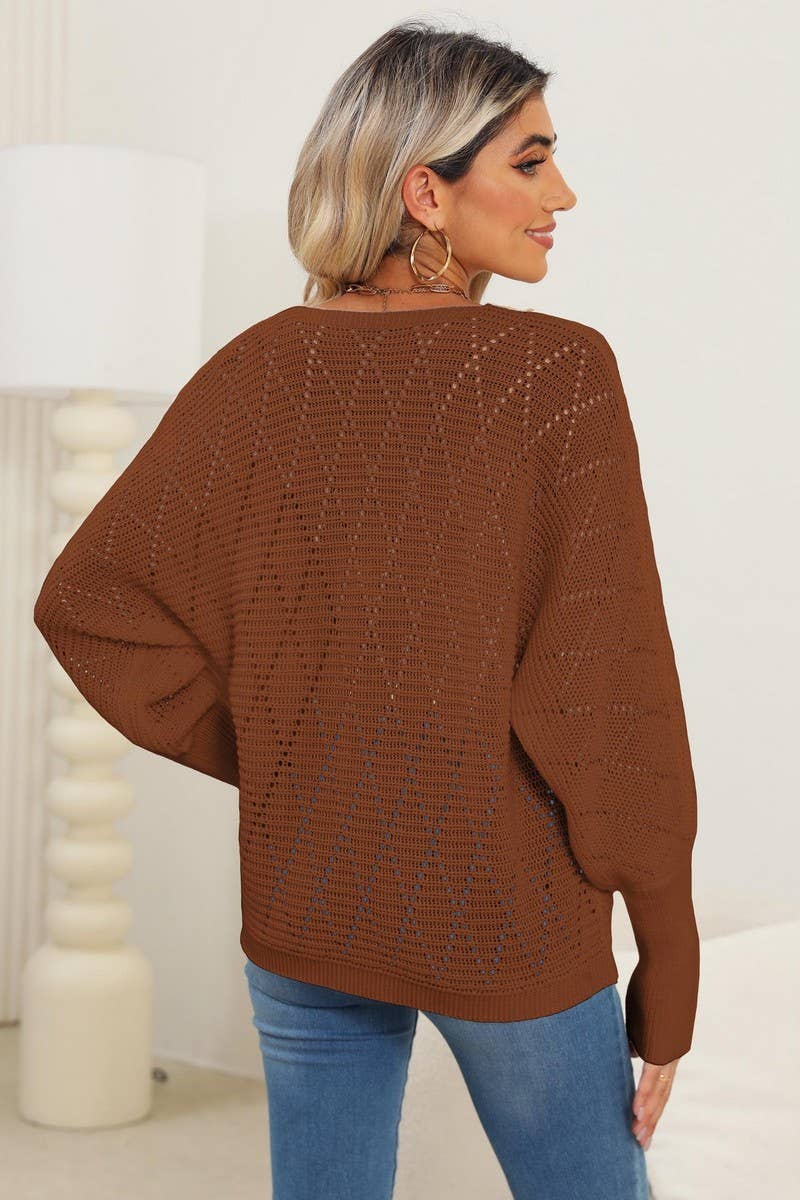 CWOSWL07411_WOMEN LACE V-NECK SLEEVE KNIT SWEATER