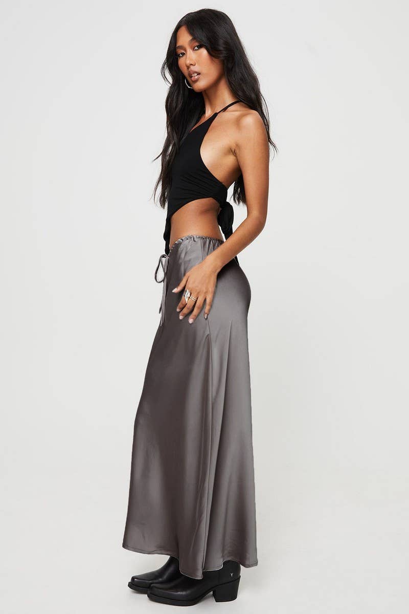 SATIN HIGH WAIST DRAWSTRING SOLID COLOR SKIRT