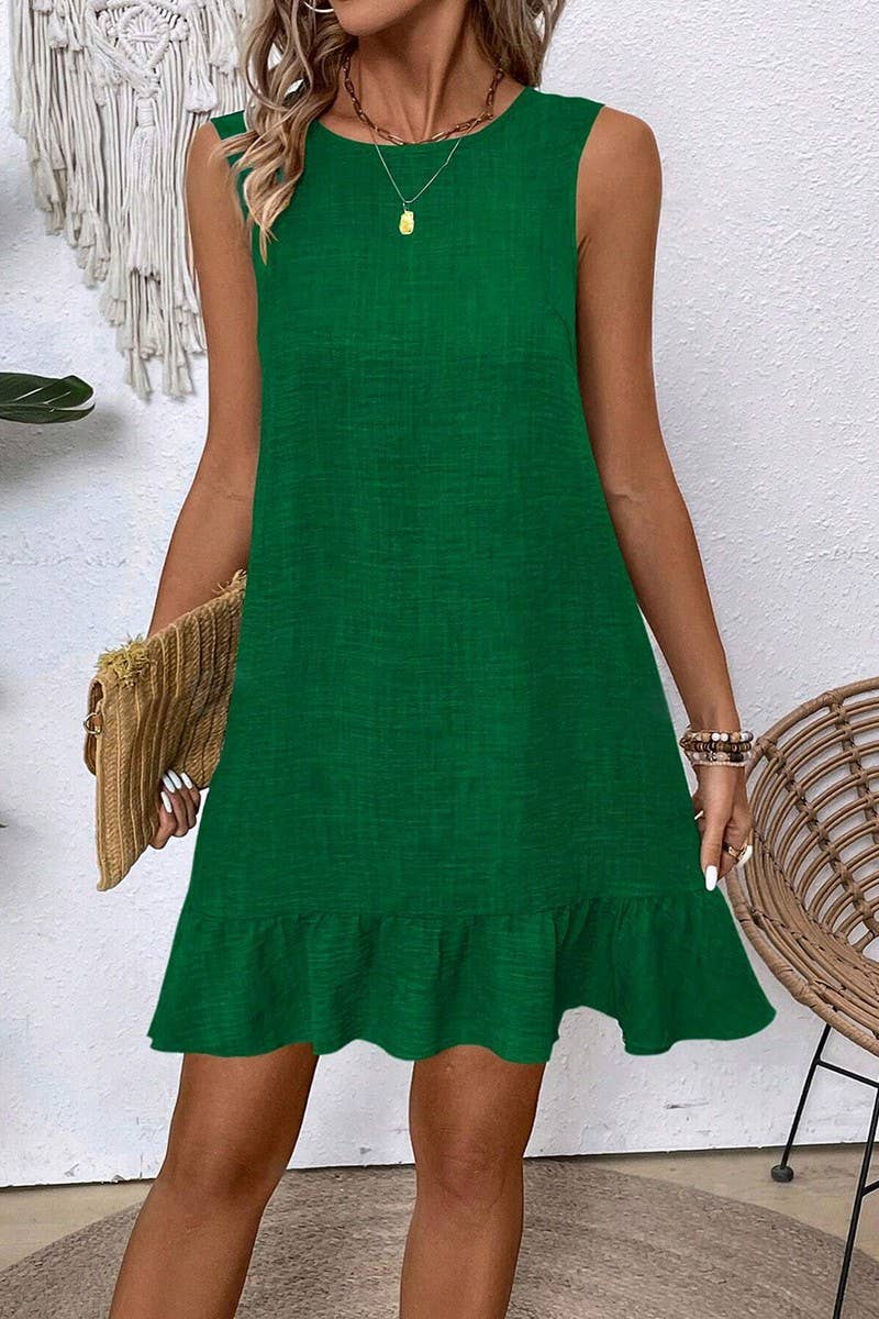 CWDSD7395_SOLID COLOR RUFFLE SLEEVELESS CASUAL TANK DRESS