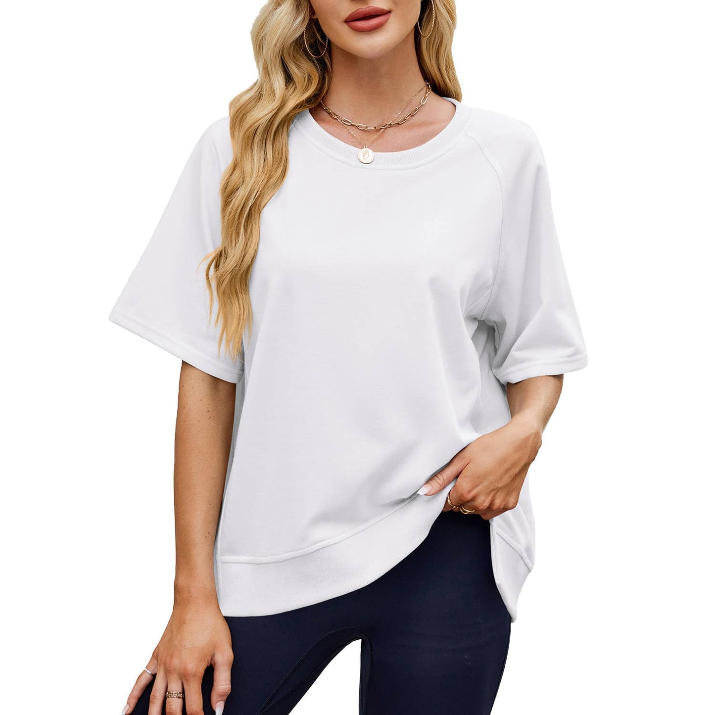 Solid color screw-neck loose short-sleeved hoodie
