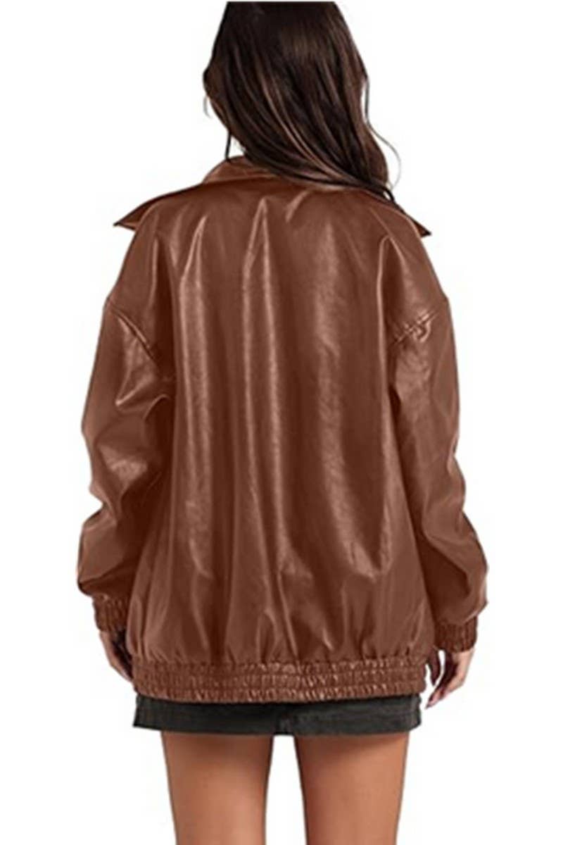 CWOCO1150_LAPEL ZIPPER SIDE POCKET PU LEATHER JACKET