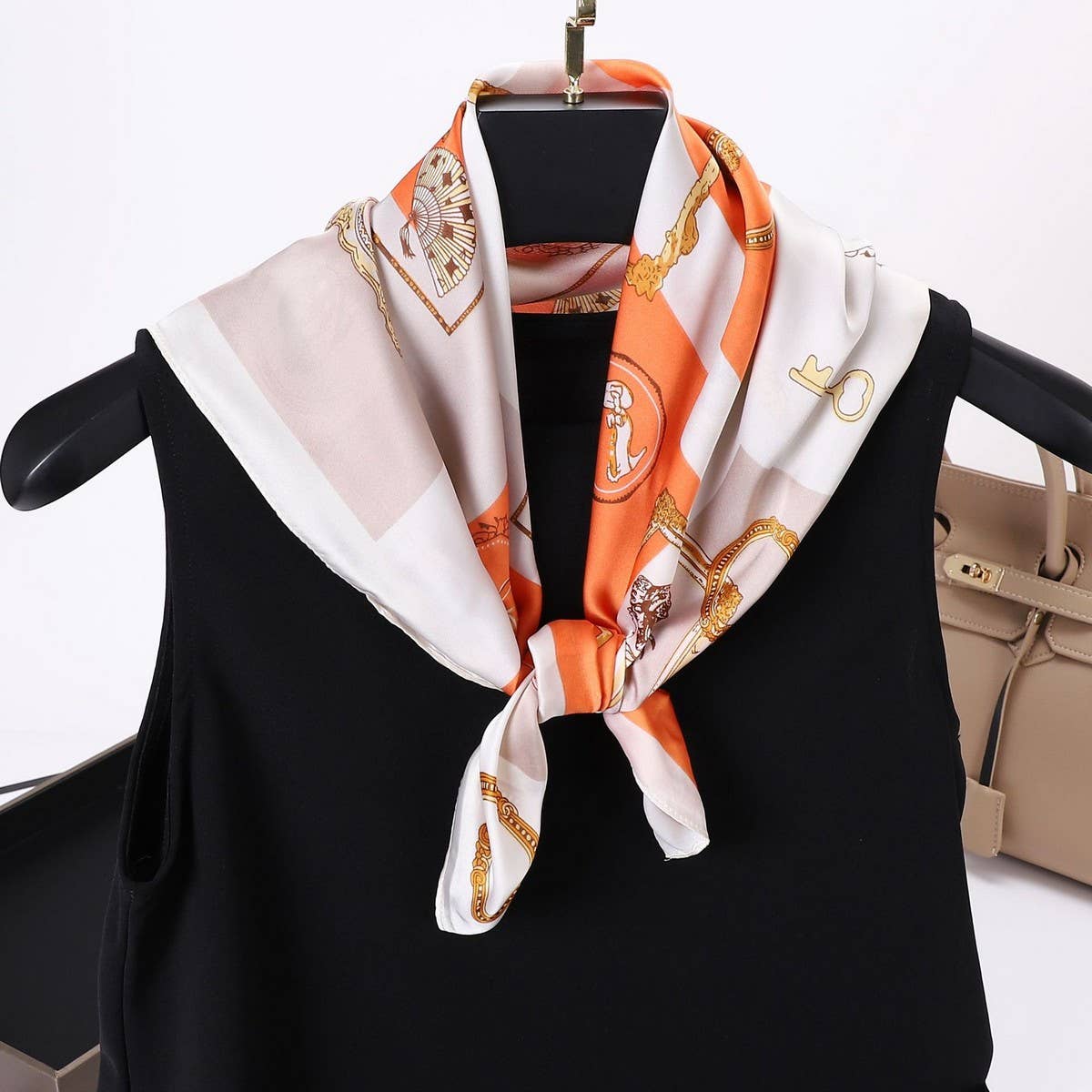 Vintage Letter Print Satin Square Scarf for Women