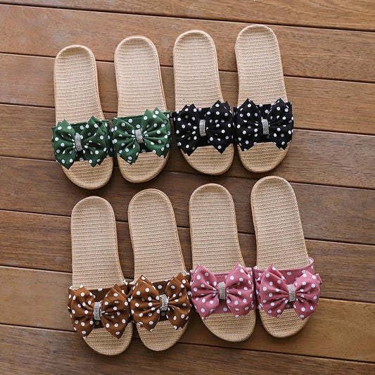 Bow Linen Summer Slippers Soft Sole, Breathable_CWSHF0188