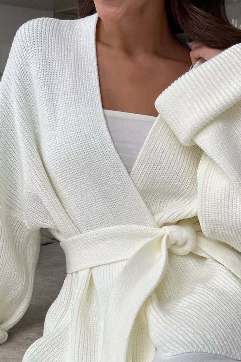 CWOCAL2240_SOLID COLOR LACE-UP LOOSE ROBE KNITTED CARDIGAN