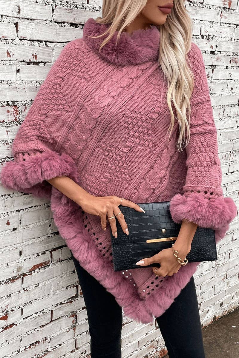 CWOSWS0093_FAUX RABBIT FUR COLLAR CABLE SWEATER CAPE COAT