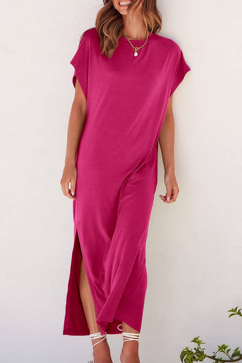 CWDMD4867_ROUND NECK CASUAL LOOSE SLIT SIDE LONG BEACH DRESS