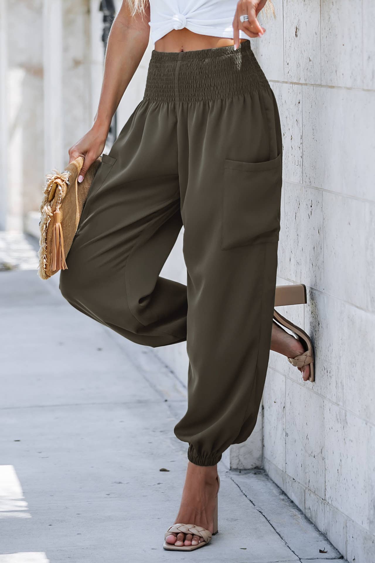 SOLID COLOR ELASTIC HIGH-WAISTED WIDE-LEG NINERS