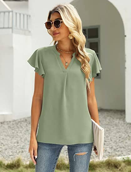 V-neck fly sleeve short sleeve solid color top