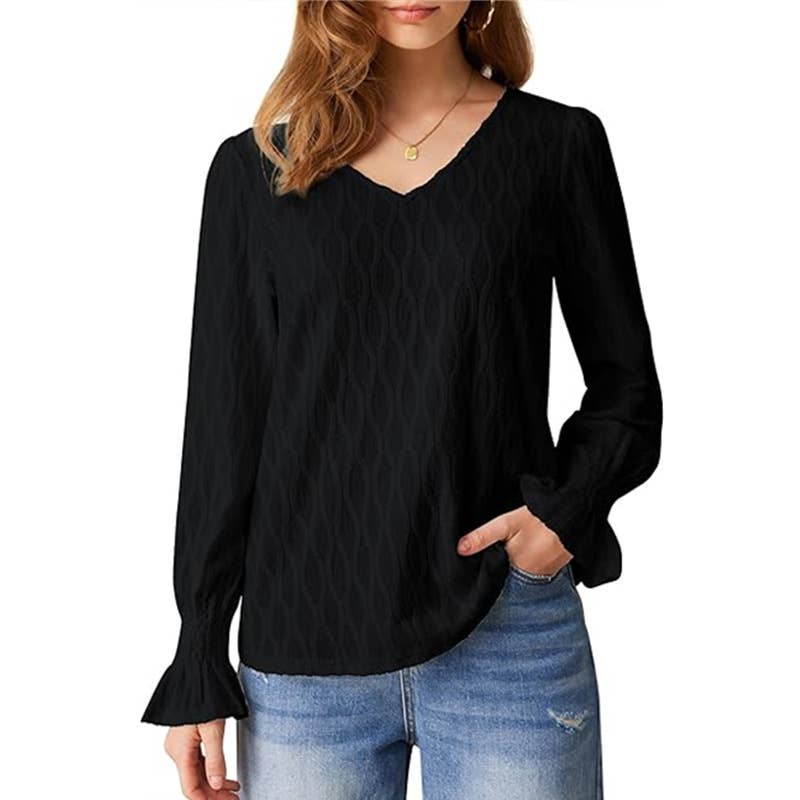 V-NECK LONG SLEEVE FLARED SLEEVE T-SHIRT
