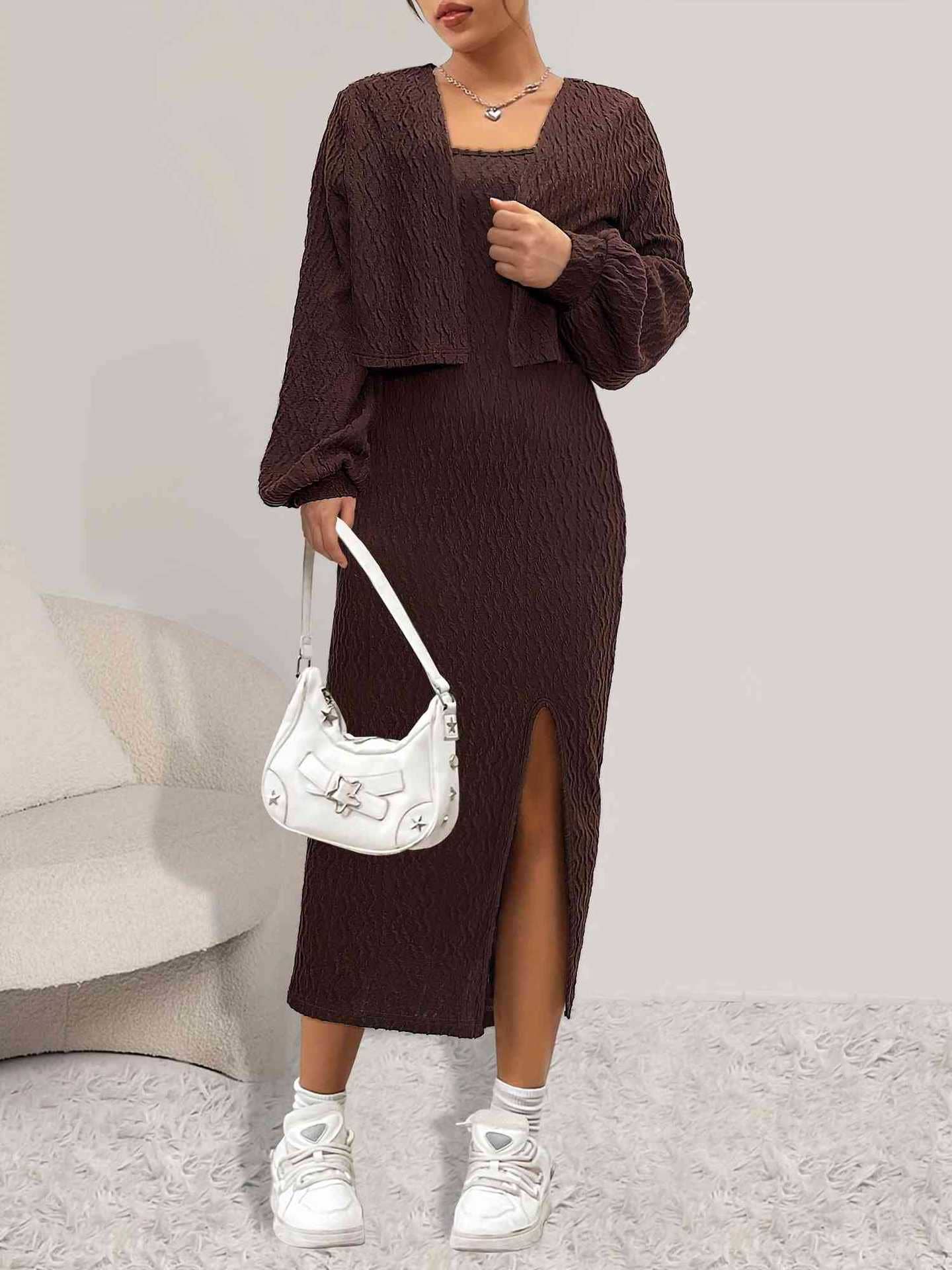 FASHION SEXY DRESS COAT LONG-SLEEVE TWO-PIECE SET
