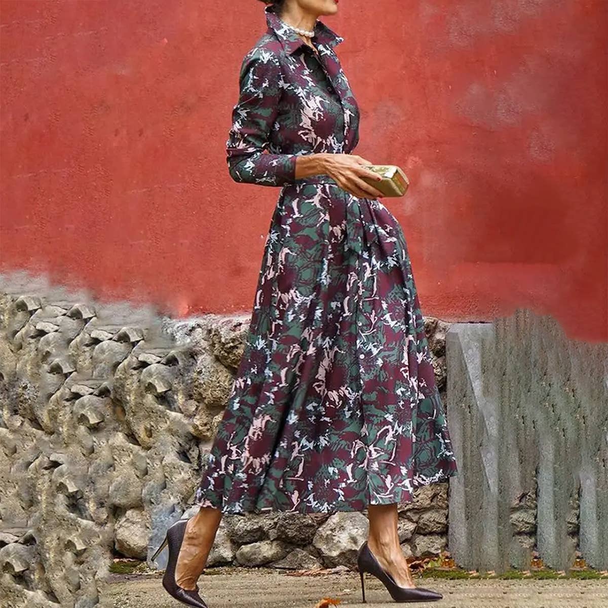 VOGUE TEMPERAMENT LAPEL NECK PRINT DRESS_CWDMD1315