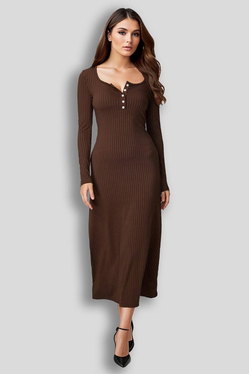 CWDMD5010_BUTTON FRONT SQUARE NECK LONG SLEEVE MAXI DRESS