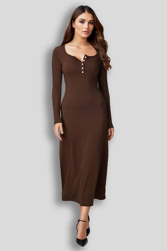 CWDMD5010_BUTTON FRONT SQUARE NECK LONG SLEEVE MAXI DRESS