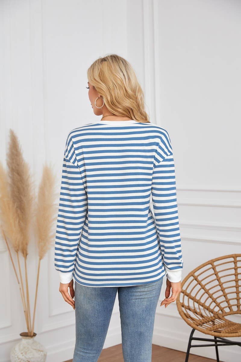 STRIPED CREW-NECK LONG-SLEEVED PULLOVER HOODIE