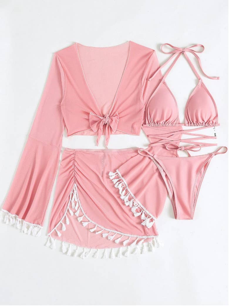 4 Piece Bikini Set - Modest Fringe Cover-Up_CWMW0144