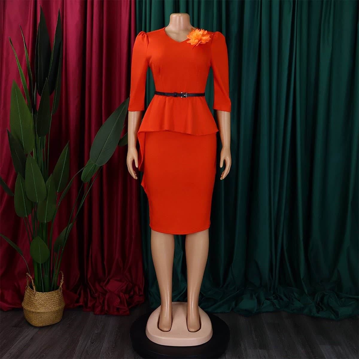 RUFFLED RETRO V-NECK HIP-HUGGING PENCIL DRESS