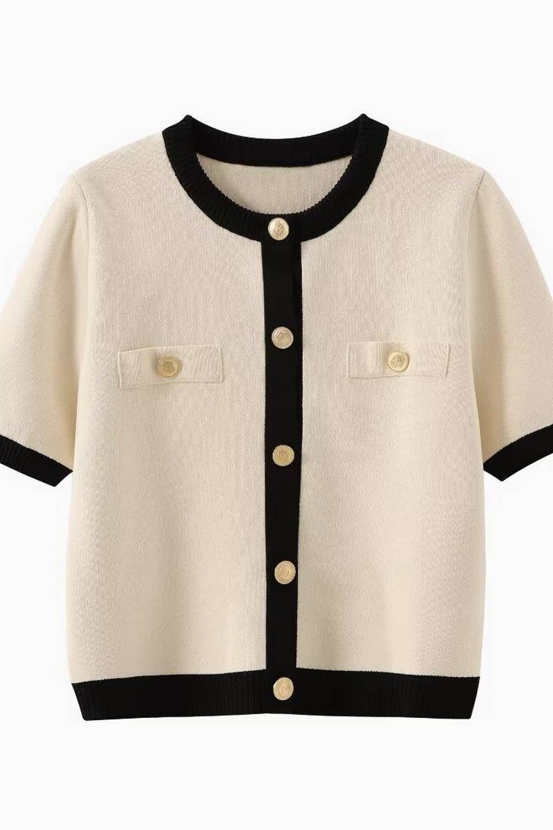 CWOCAL0968_CONTRAST COLOR SHORT-SLEEVED KNITTED COAT