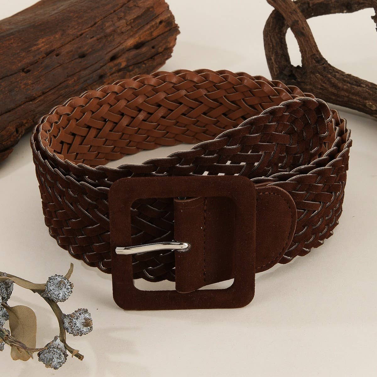 SQUARE BUCKLE SOLID COLOR WOVEN WIDE BELT_CWMM3959