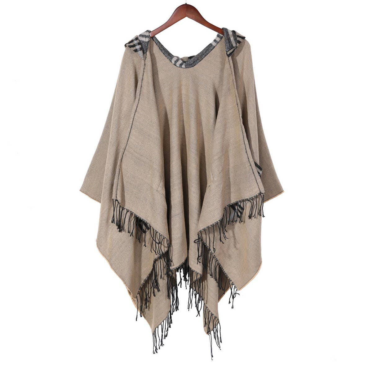 WOMEN HOODED TASSEL SPLIT SHAWL WRAPPED CLOAK