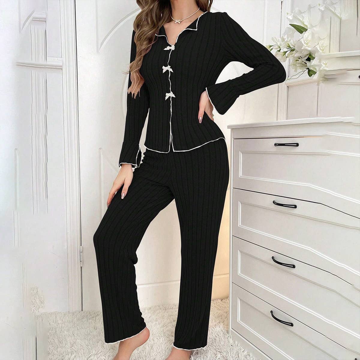 HOME SOLID COLOR SLIM-FIT CASUAL TWO-PIECE SET