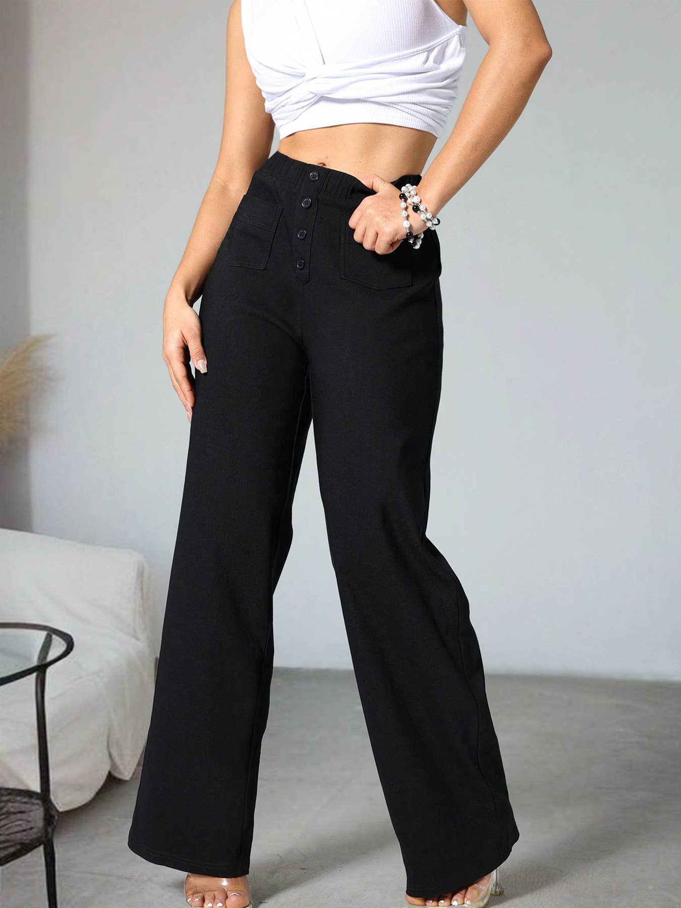 High-waisted button elastic straight-leg pants