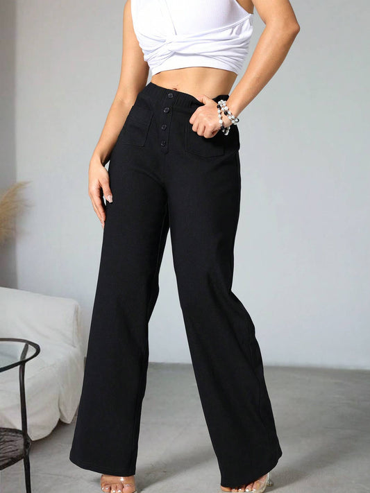 High-waisted elastic casual straight-leg pants