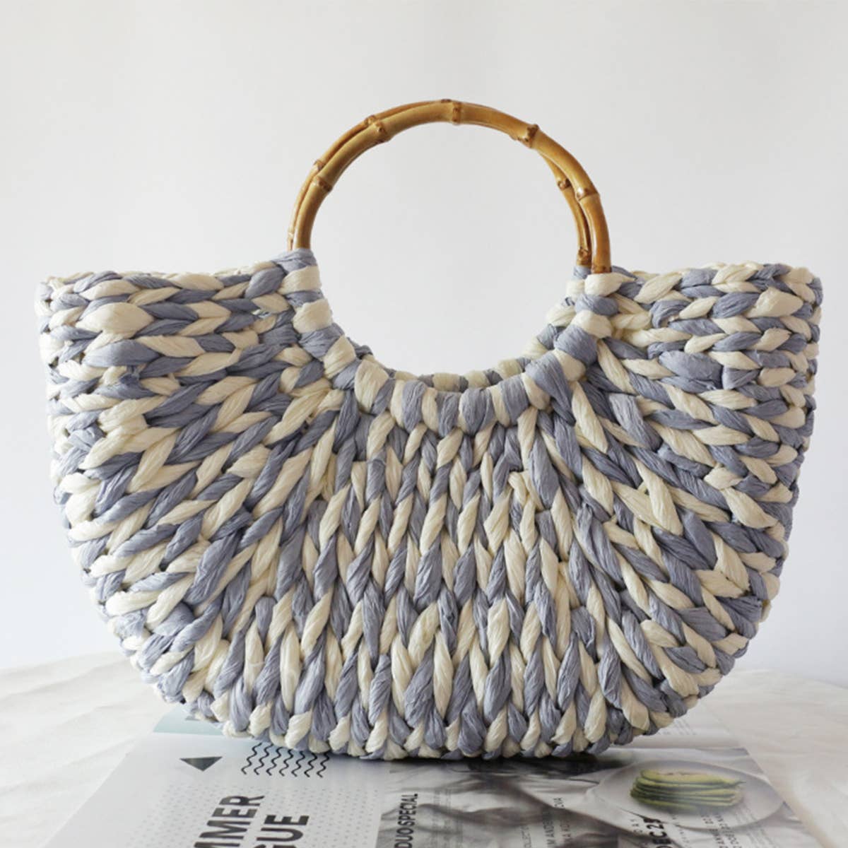 Medium Weaving Straw Bags With Bamboo Handles_CWAB0815