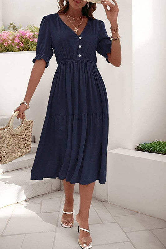 CWDMD5783_CASUAL RUCHED PUFF SLEEVE V-NECK SOLID DRESS