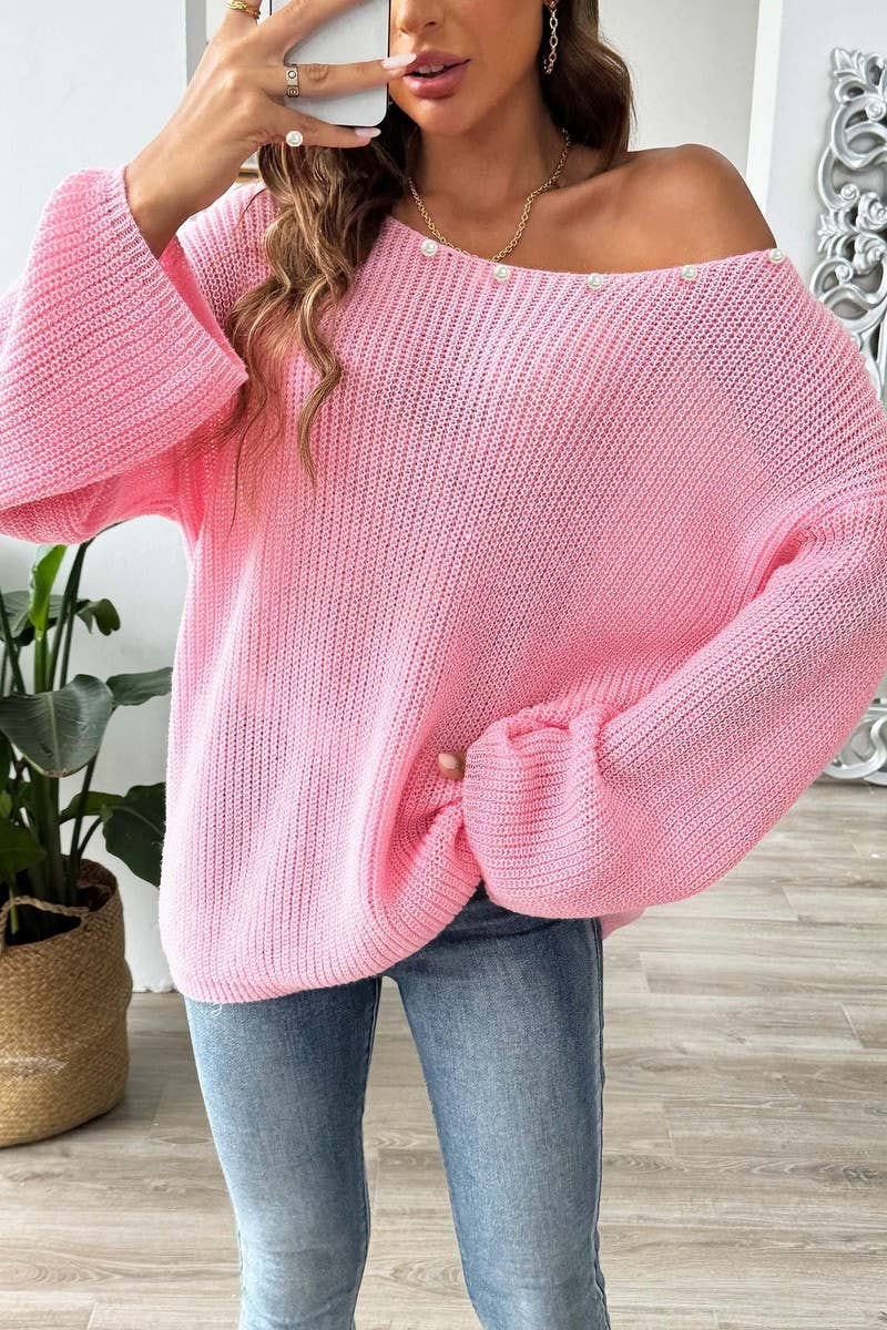 CWOSWL07405_WOMEN OFF SHOULDER BELL SLEEVE SWEATER