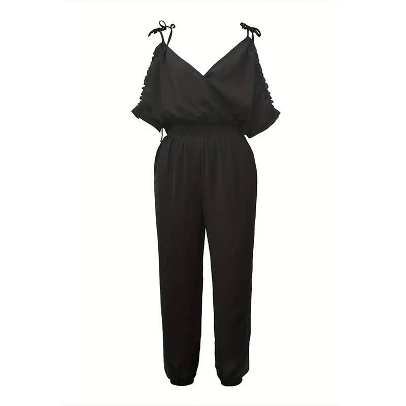 Woven suspender off the shoulder jumpsuit