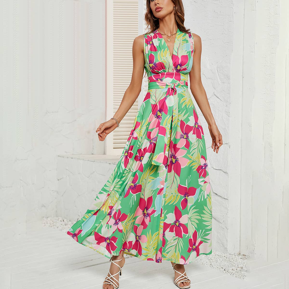 Printed lace-up dress with slit