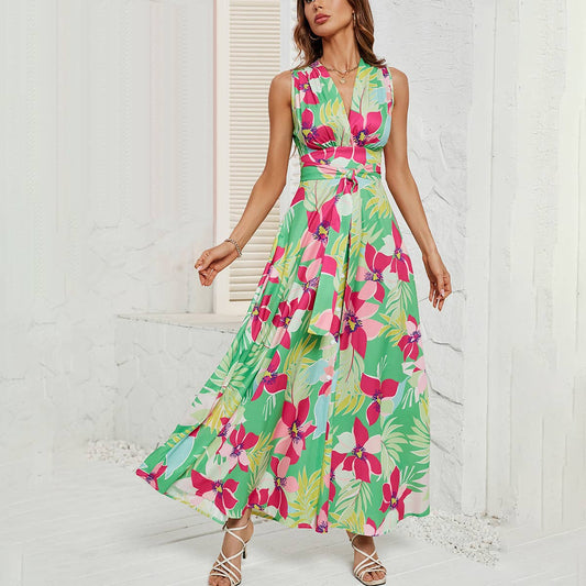 Printed lace-up dress with slit