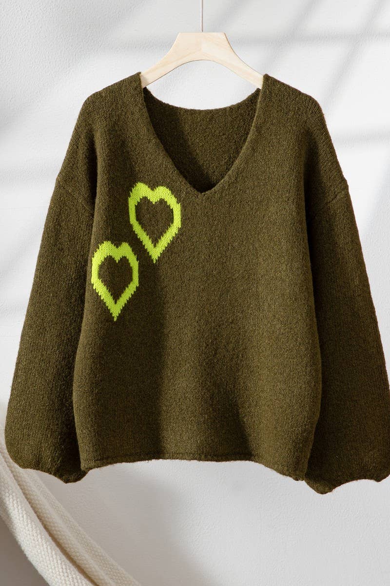 CWOSWL07445_HEART PRINT V NECK CASUAL LOOSE KNIT SWEATER
