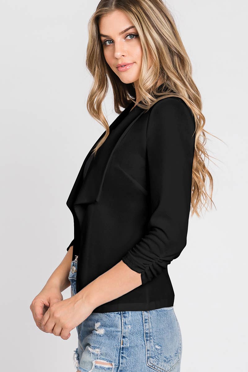 CWOBL101_Casual Work Ruched 3/4 Sleeve Open Front Blazer