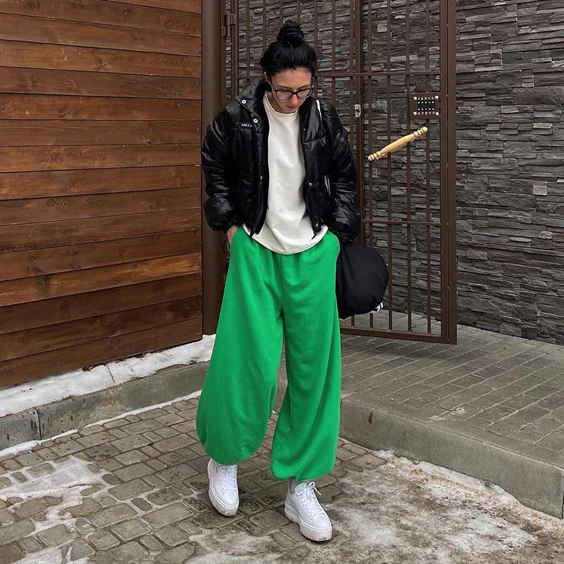 SOLID COLOR LOW-RISE LANTERN WIDE-LEG PANTS