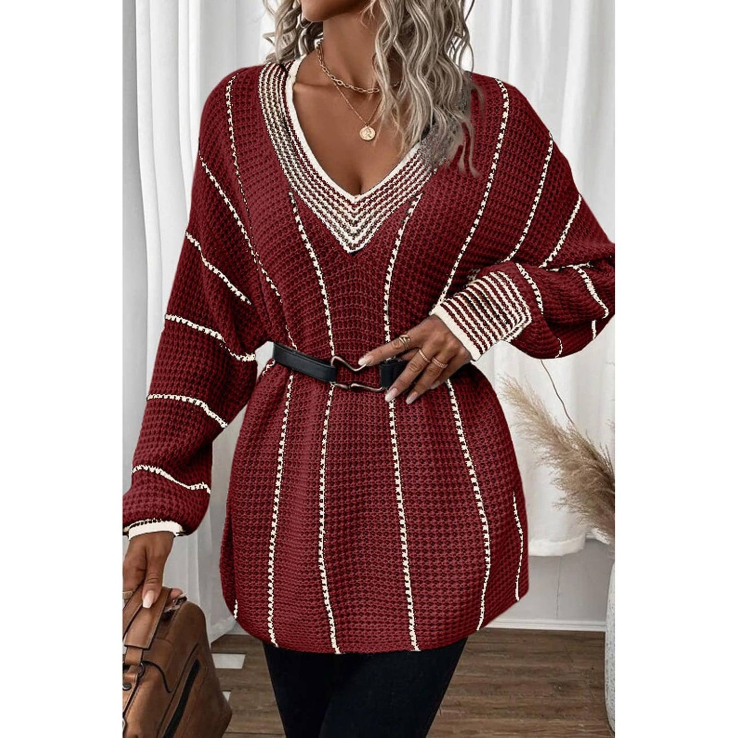 KNITTED V-NECK STRIPED PULLOVER SWEATER