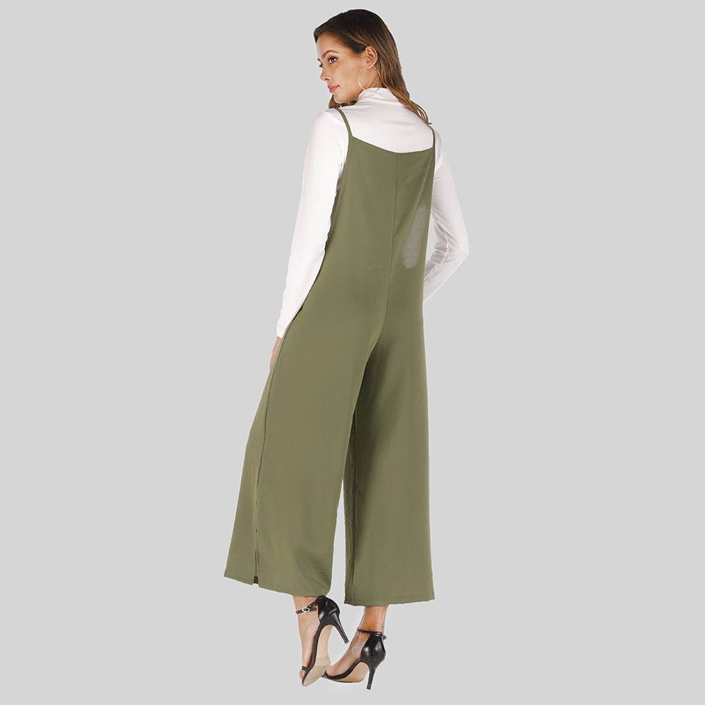 Solid-color straight-leg overalls jumpsuit