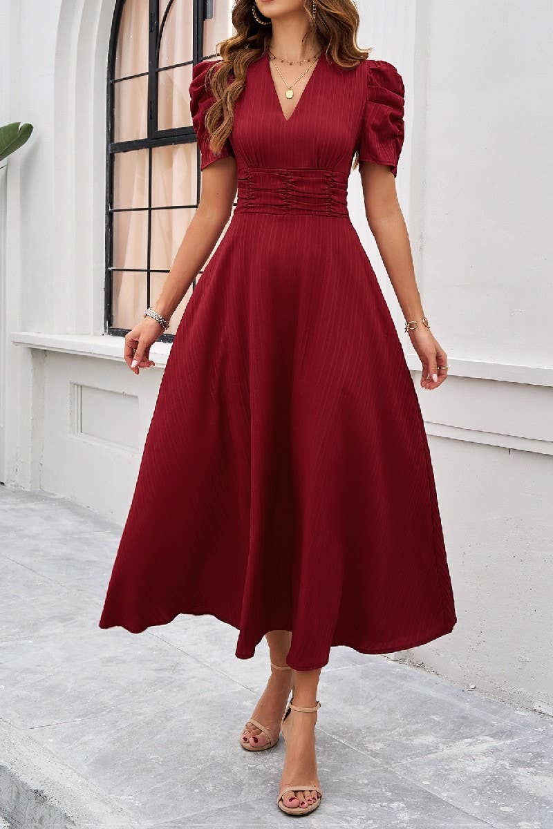 CWDMD5340_V-NECK ELEGANT SOLID COLOR HIGH WAIST DRESS