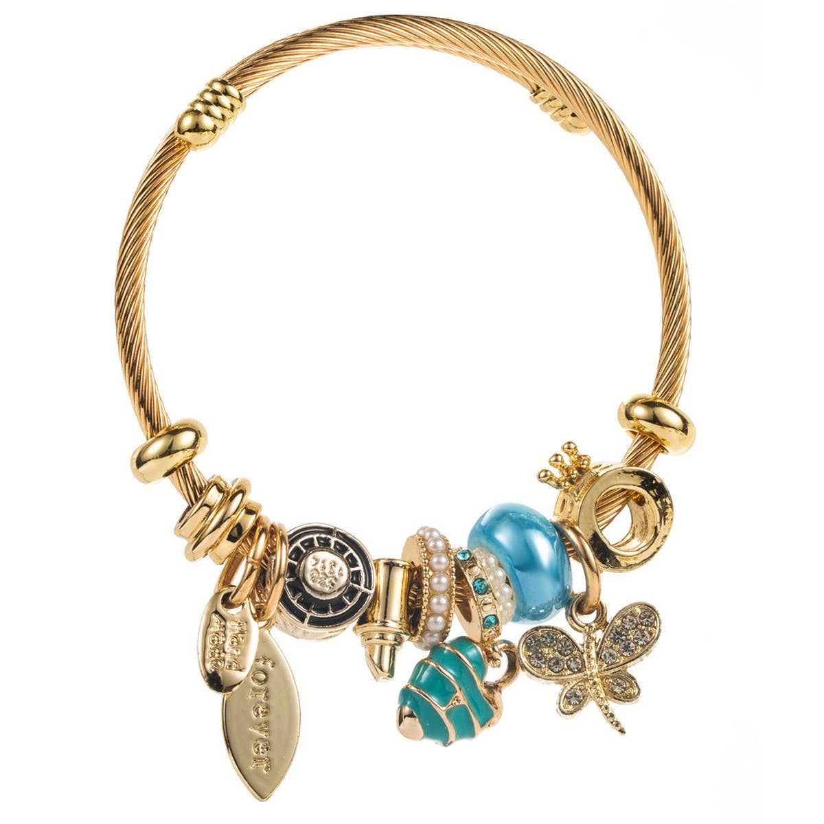 Travel Style Steel Bracelet with Rhinestone Charms