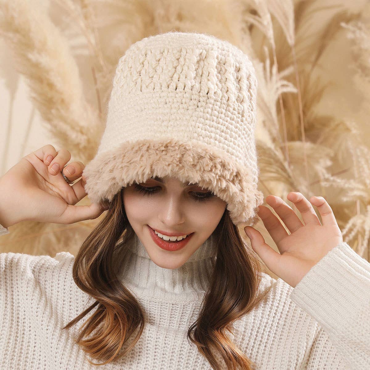 PLUSH-FUZZY KNIT BUCKET HAT WITH EAR COVERAGE_CWAH1979