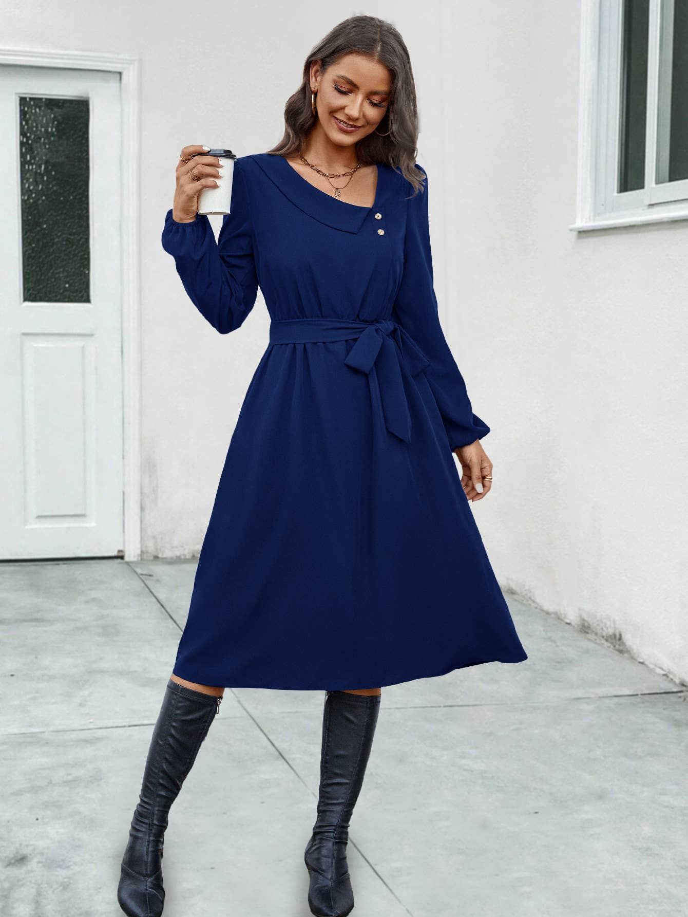 Irregularly collared button long-sleeved dress