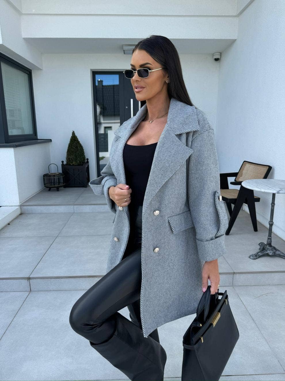 Solid-color H-shaped suit collar long jacket