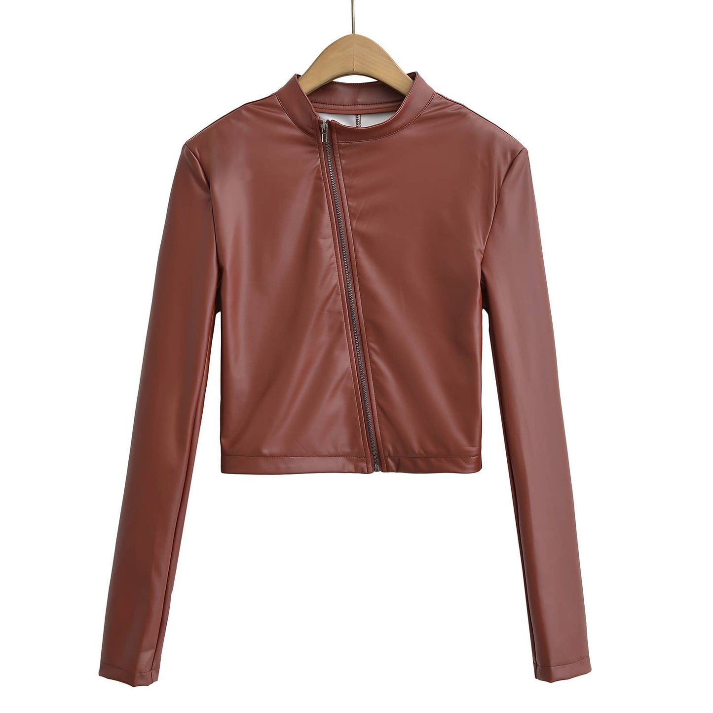 Stand-up collar slanted zipper leather jacket