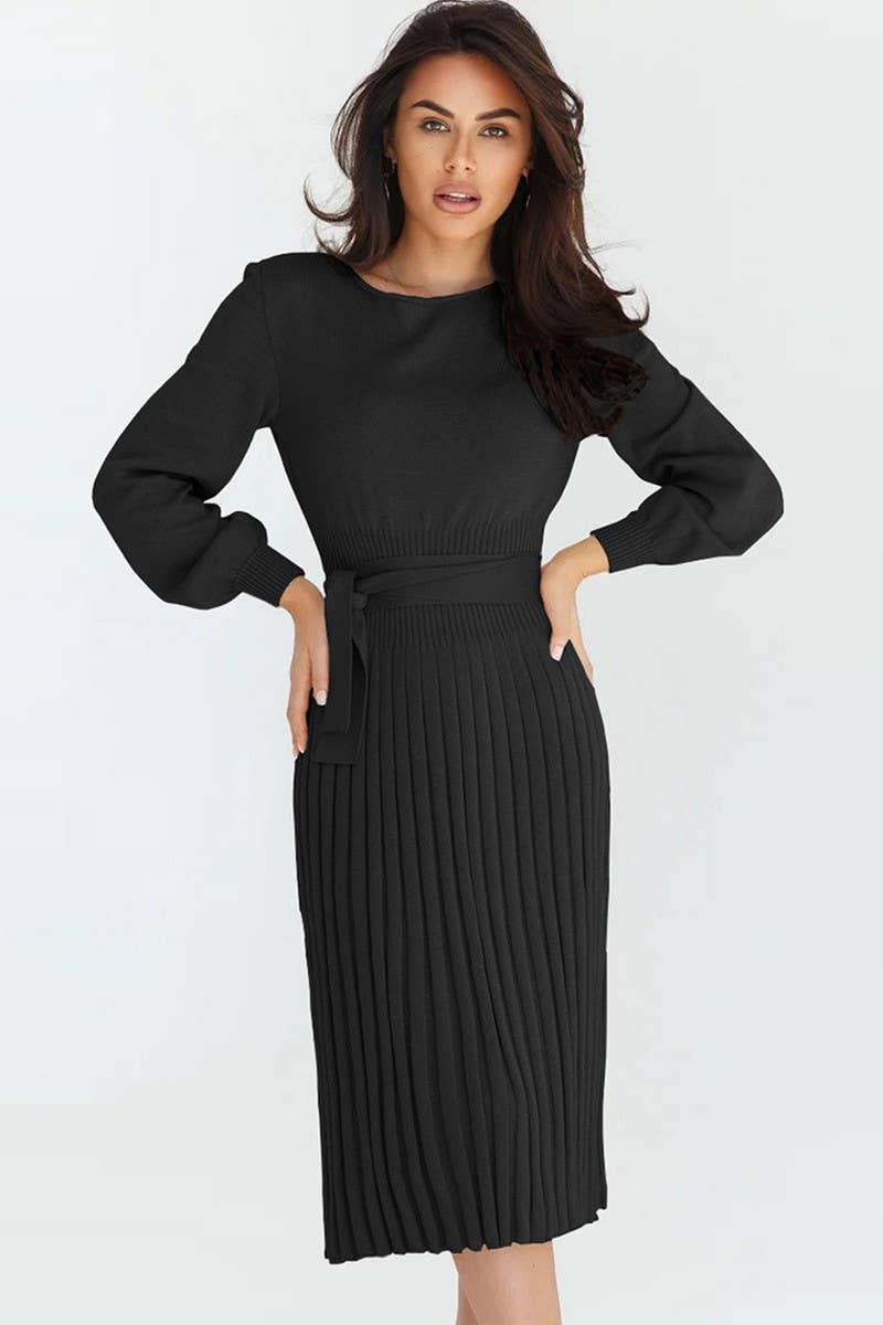 CWDMD4002_ROUND NECK TIE PLEATED MID-LENGTH KNITTED DRESS