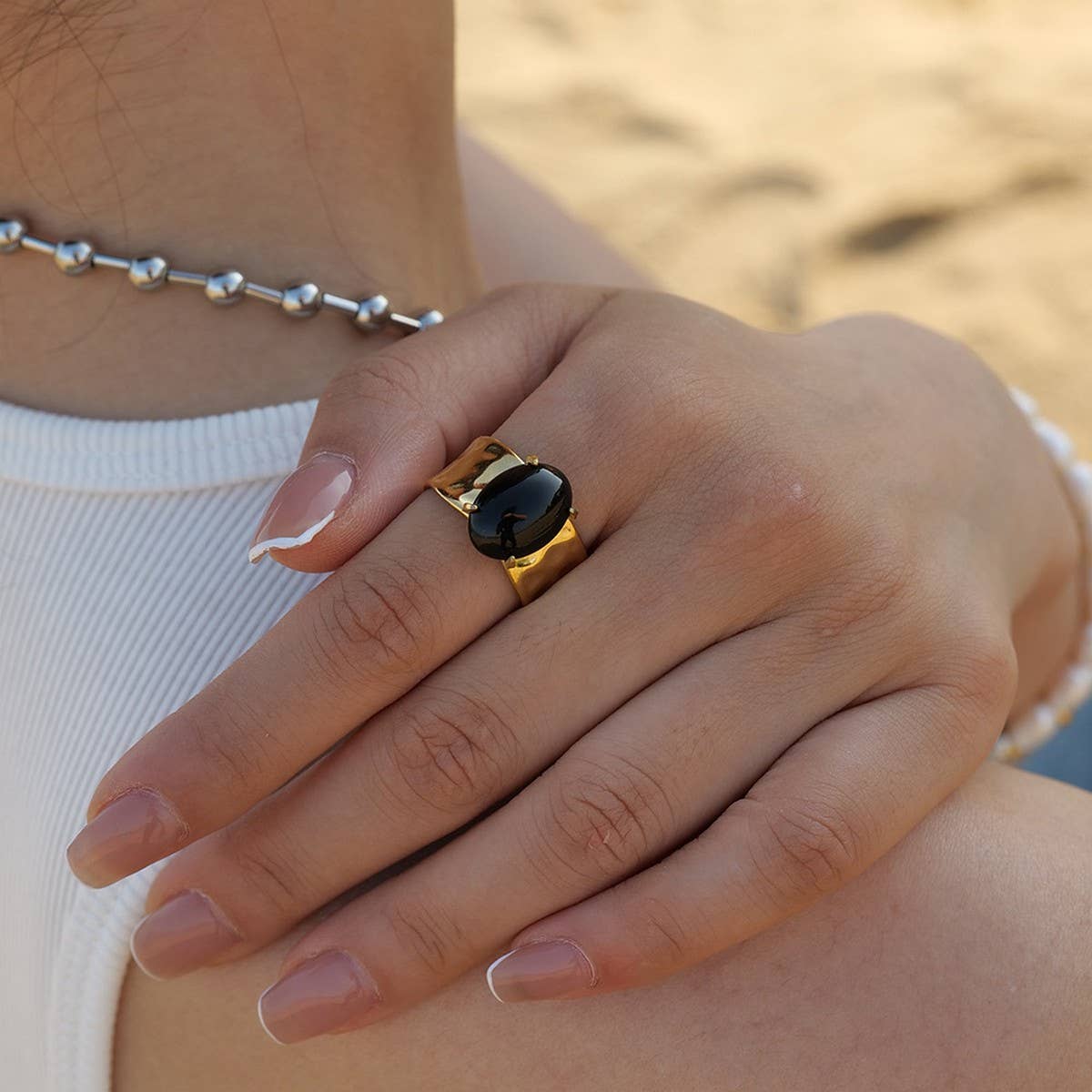 INLAID OBSIDIAN 18K GOLD PLATED WIDE RING