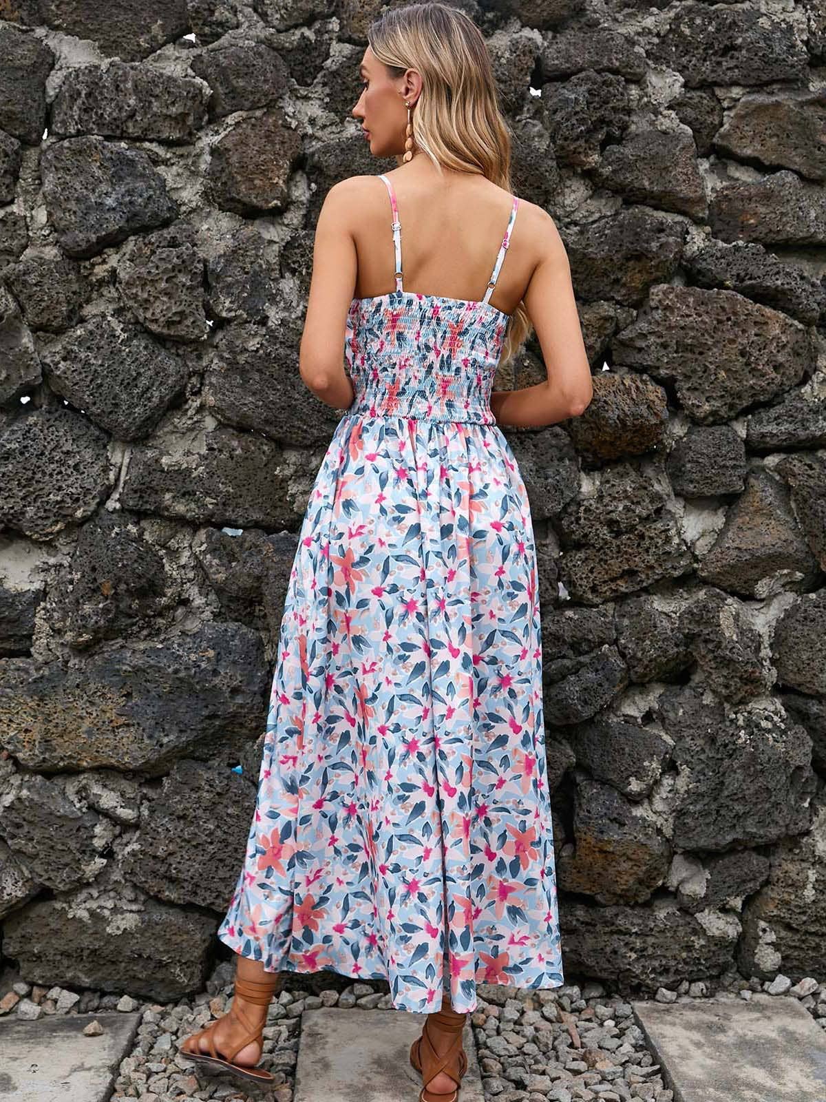 PRINTED HALTER V-NECK WAIST DRESS