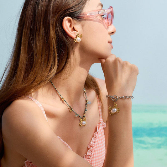 18K Gold Mixed Metal Crab Pendant Bead Bracelet_CWAJE4843