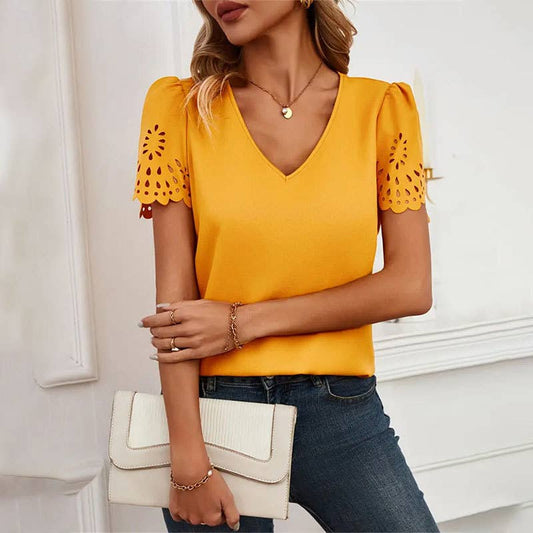 Solid color V-neck burn out blouse