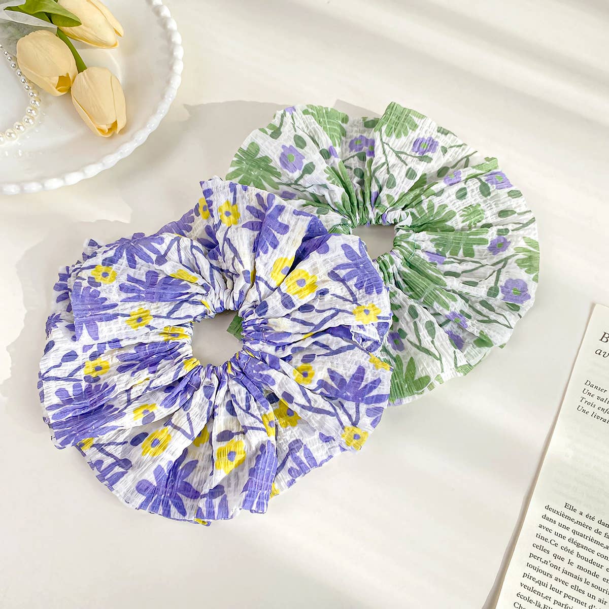 Large pleated floral intestine style hair ties
