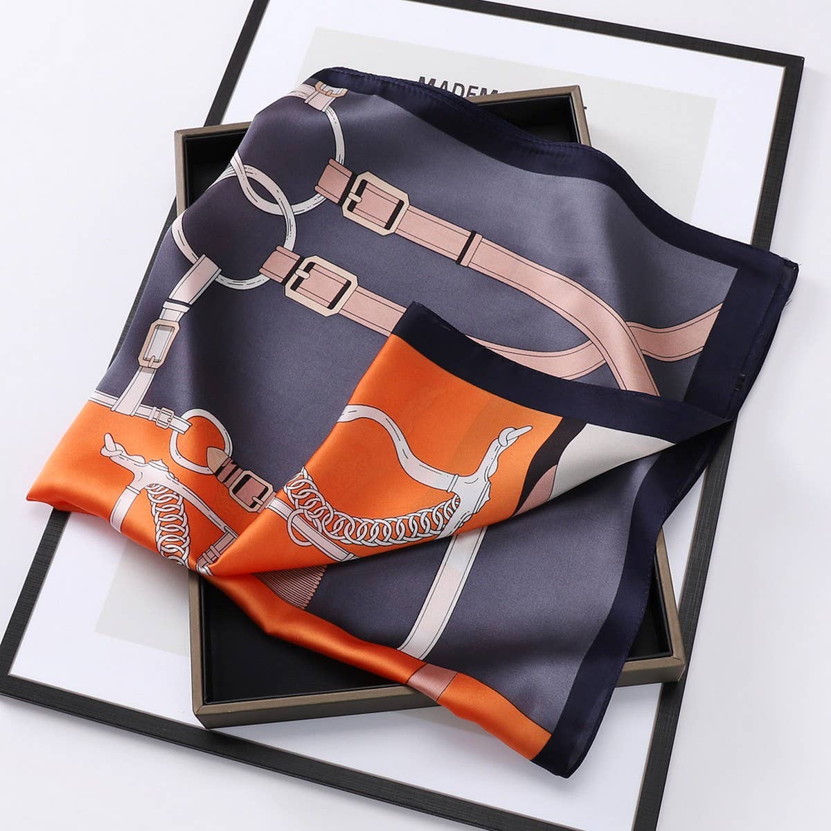 Vintage Letter Print Satin Square Scarf for Women